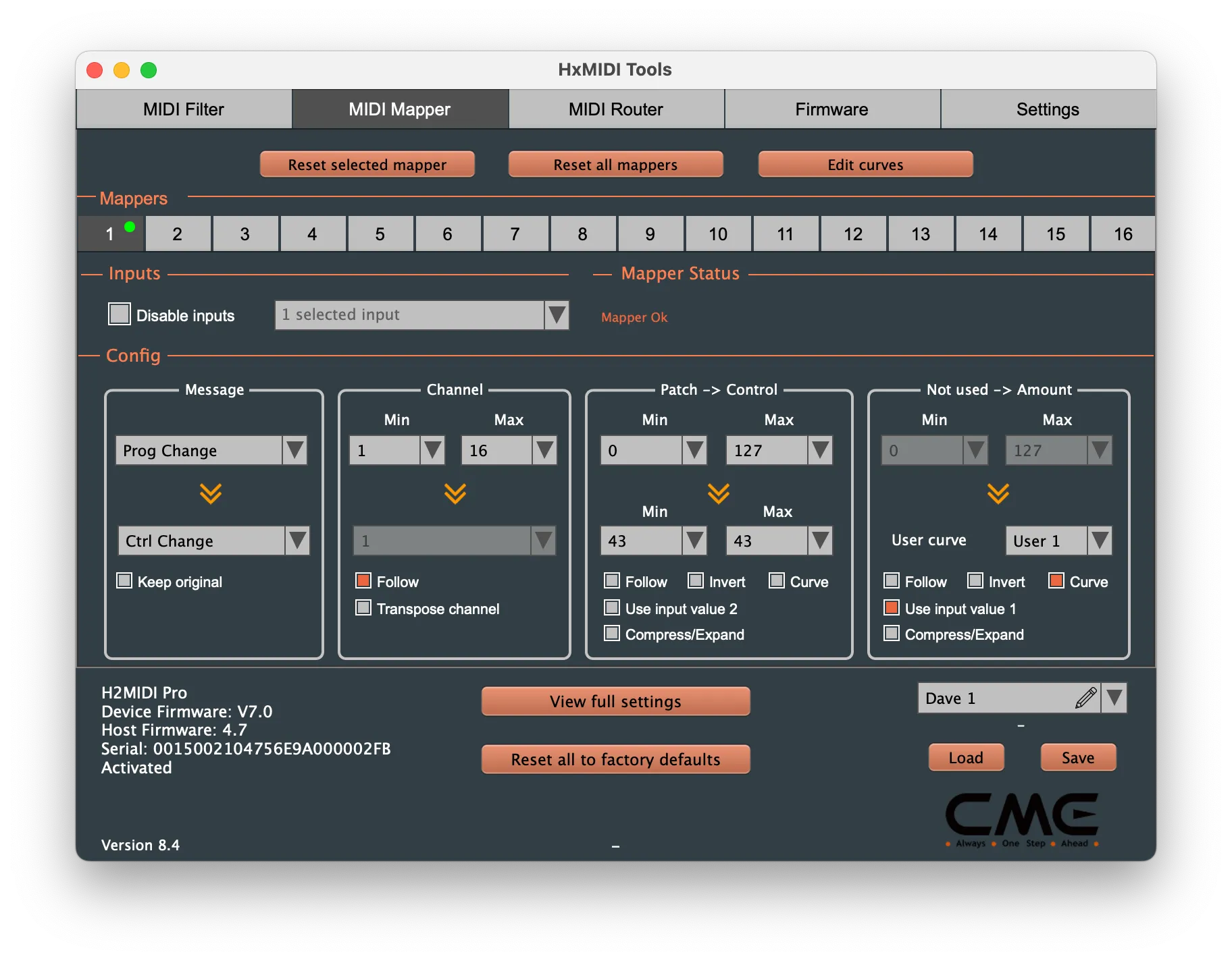 CME HxMIDI Tools mapping Boss FC-50 Program Change messages to Quad Cortex Control Change messages to switch scene