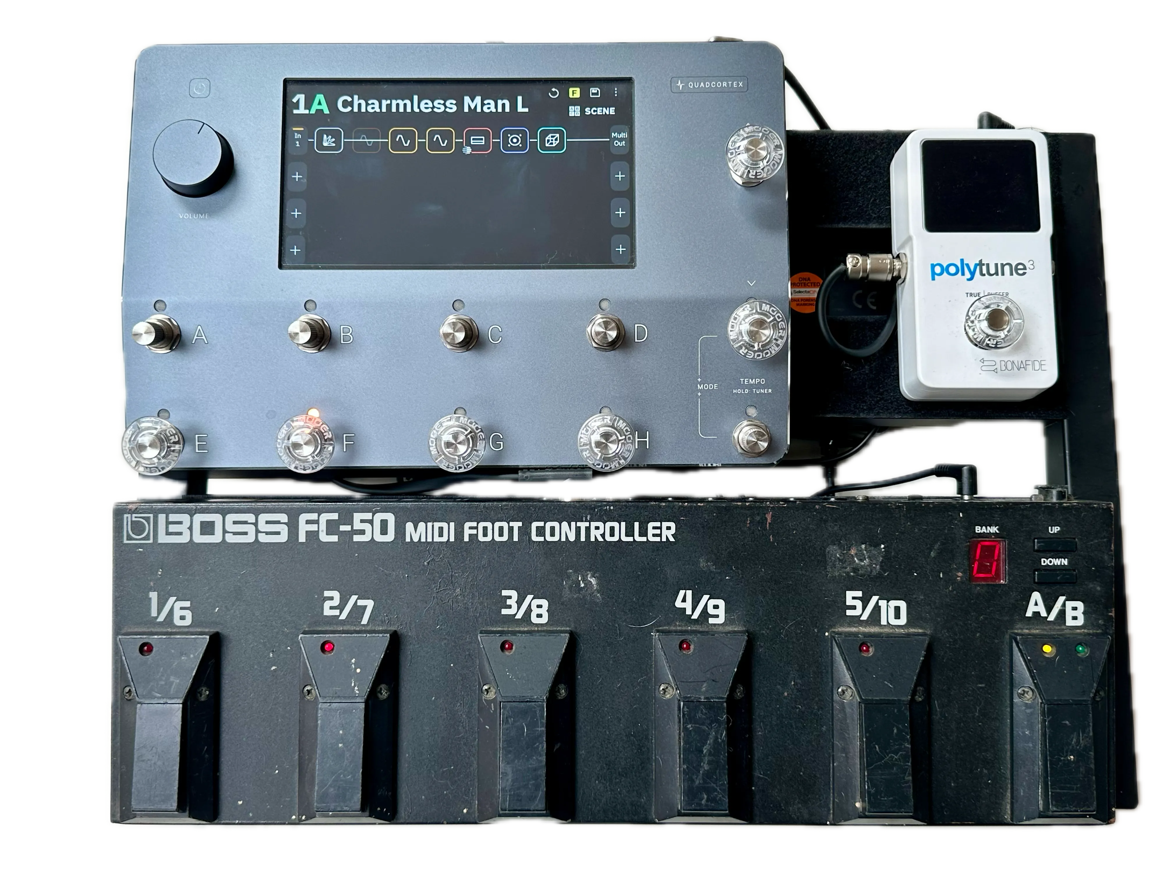 Quad Cortex and Boss FC-50 MIDI Foot Controller mounted on Pedaltrain Classic Jr